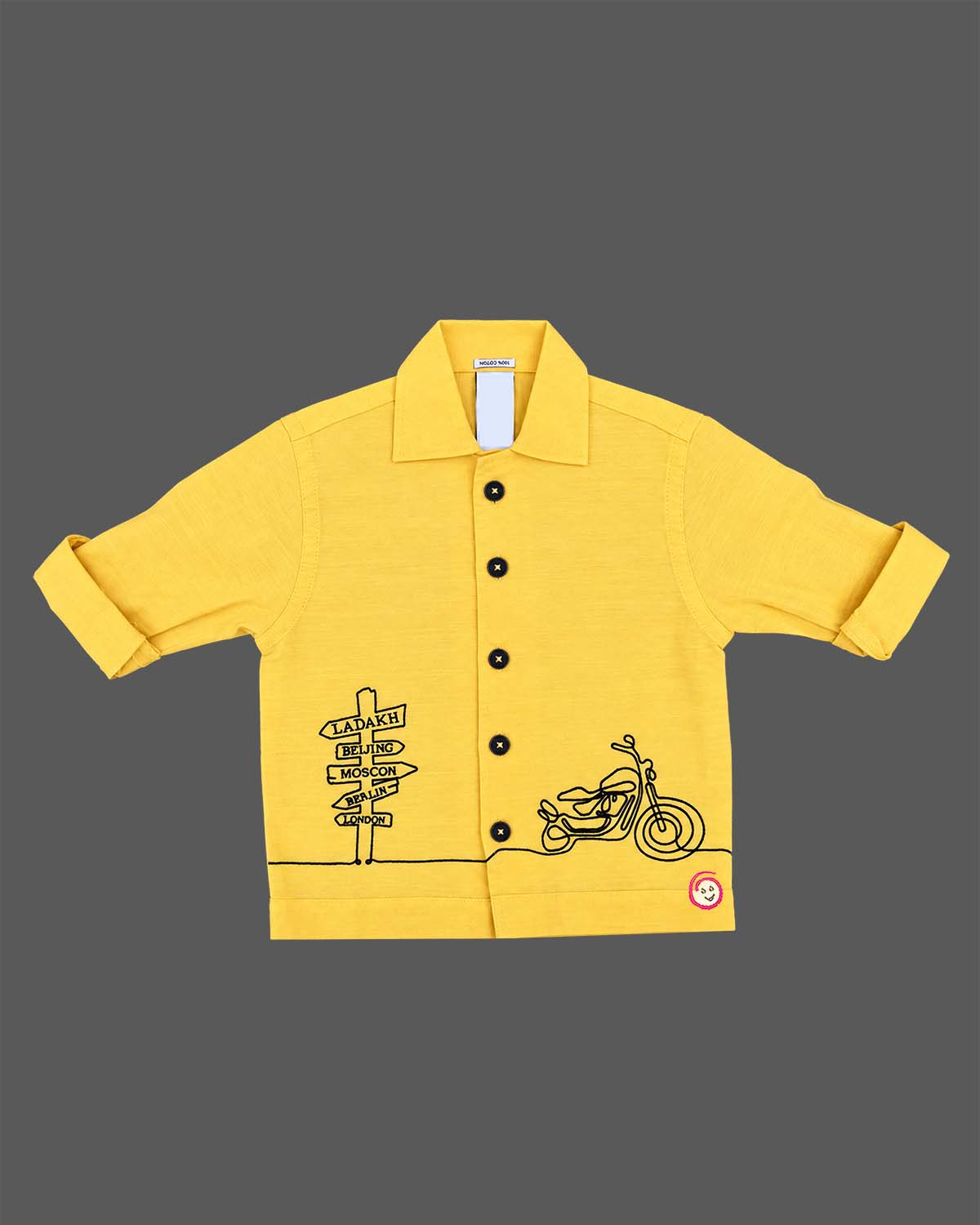 Sun yellow cotton full sleeve casual shirt with black embroidery for little boys