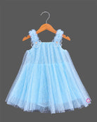 Sky blue net frock for girls with embellished shoulder flower detail for birthday party wear