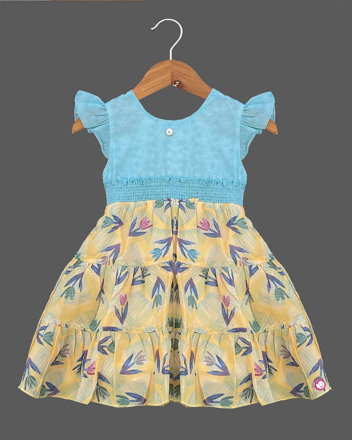 Girls leaf design printed casual frock - Blue