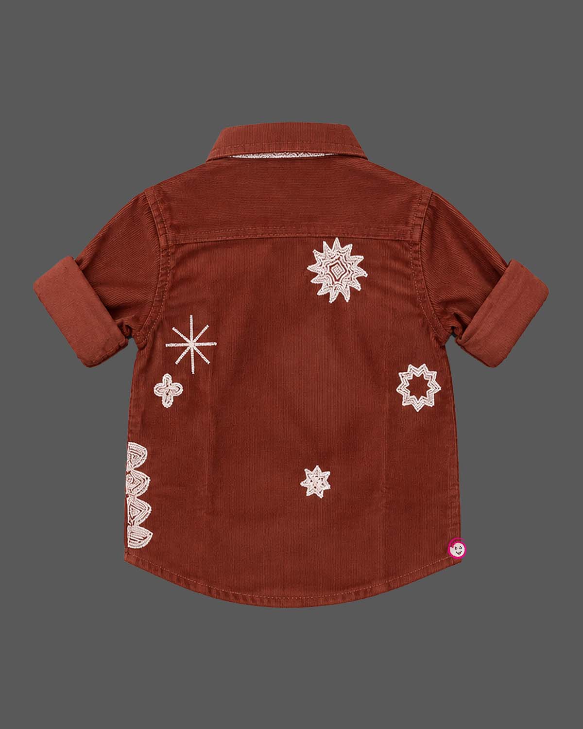 Boys embroidered corduroy shirt featuring spread collar and button closure for party wear