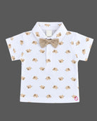 Boys suspender set with animal print polo shirt bow tie and checked shorts