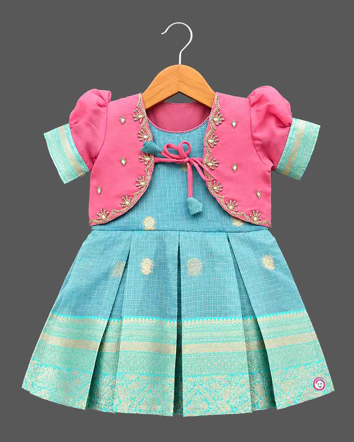 Toddler silk cotton frock baby girl featuring layered bolero jacket, puffed sleeves, and pleated brocade skirt. 