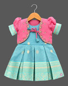 Toddler silk cotton frock baby girl featuring layered bolero jacket, puffed sleeves, and pleated brocade skirt. 