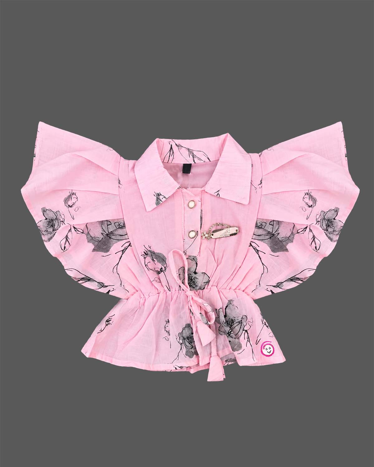 Toddler printed butterfly sleeve top with drawstring tie for birthday party wear