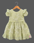 Cotton Frock For Baby Girl with floral embroidery, flutter puff sleeves, buckle belt and tiered ruffle hem