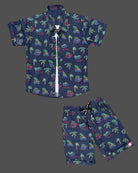 Boys printed shirt with tee & shorts - Navy Blue