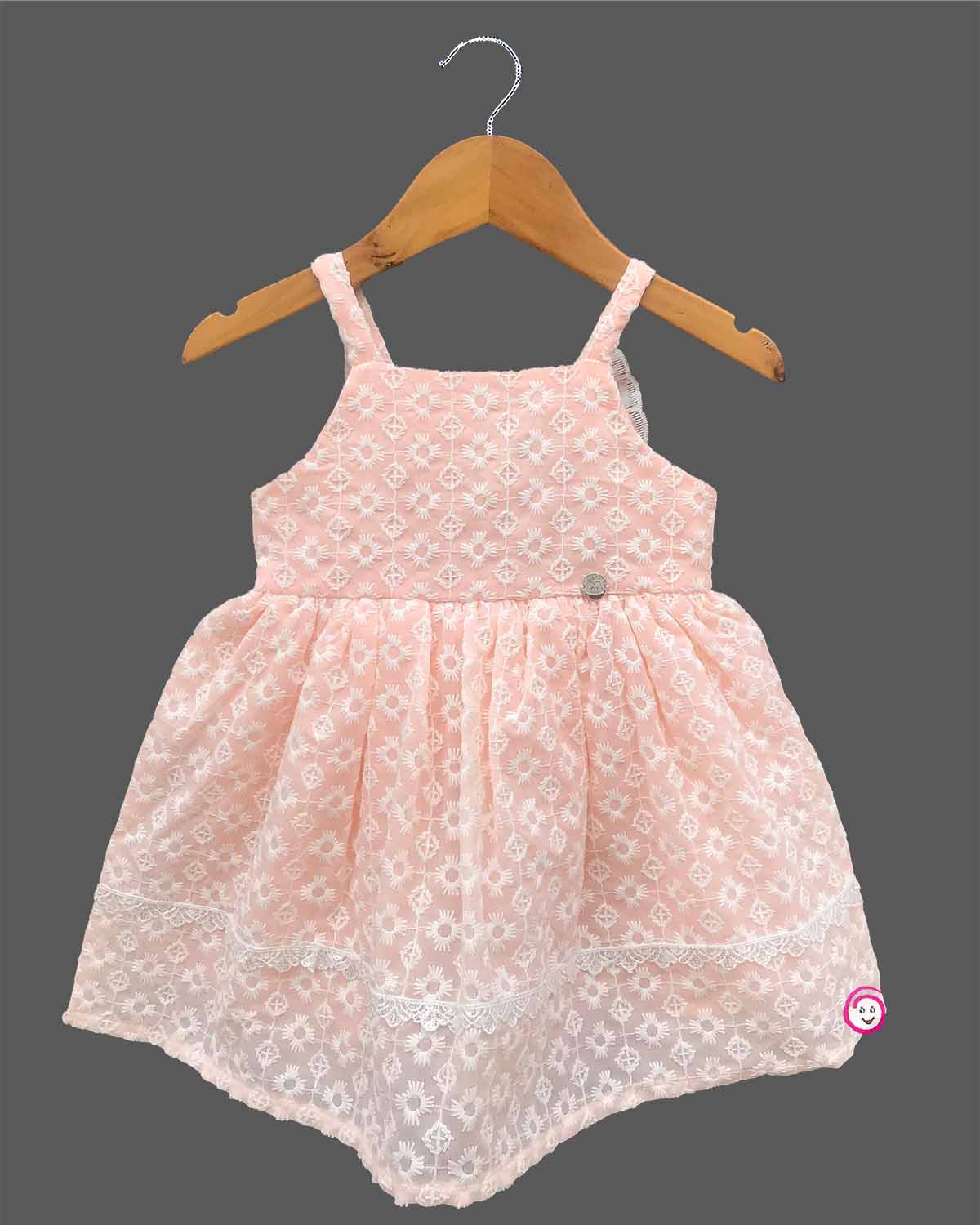 Little princess embroidered cotton casual frock with floral eyelet design, lace hem, and sleeveless straps for everyday kids fashion