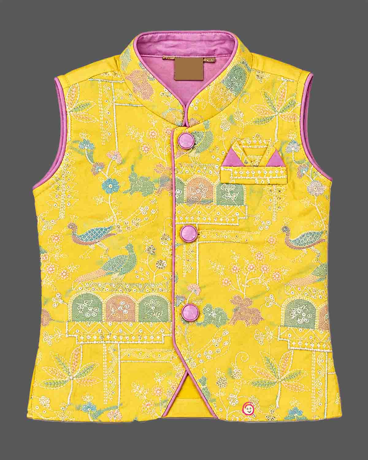 Boys printed Nehru jacket and dhoti set featuring Mandarin collar, button closure, and pocket square detail.