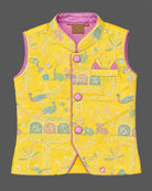Boys printed Nehru jacket and dhoti set featuring Mandarin collar, button closure, and pocket square detail.