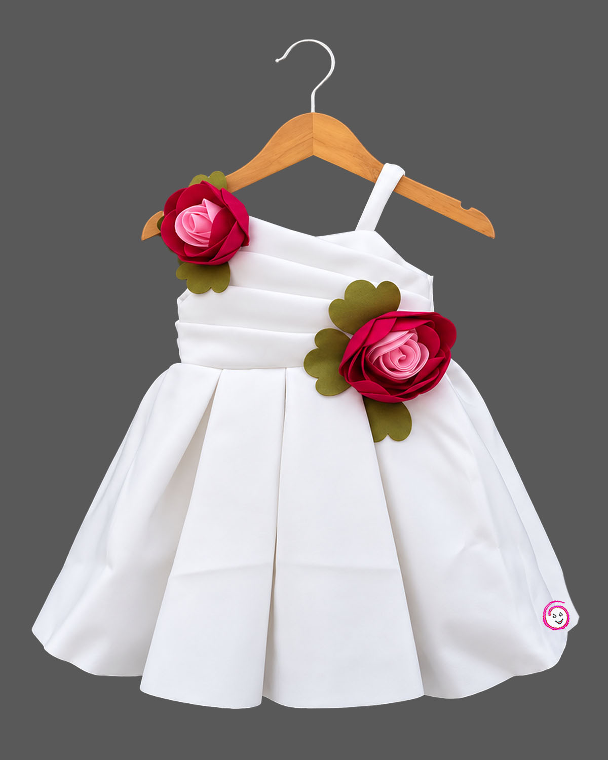 Toddler girl pleated scuba frock featuring oversized fabric rosettes and one-shoulder strap for festive events