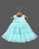 Turquoise Blue Toddler Net Frock with Sequins and Floral Embellishments for Parties and Birthdays