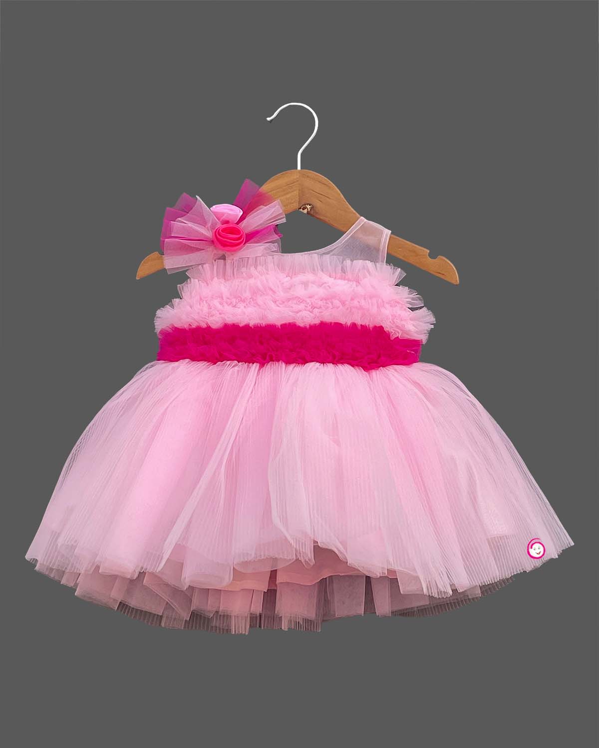 Girls elegant ruffled floral design party frock - Baby Pink