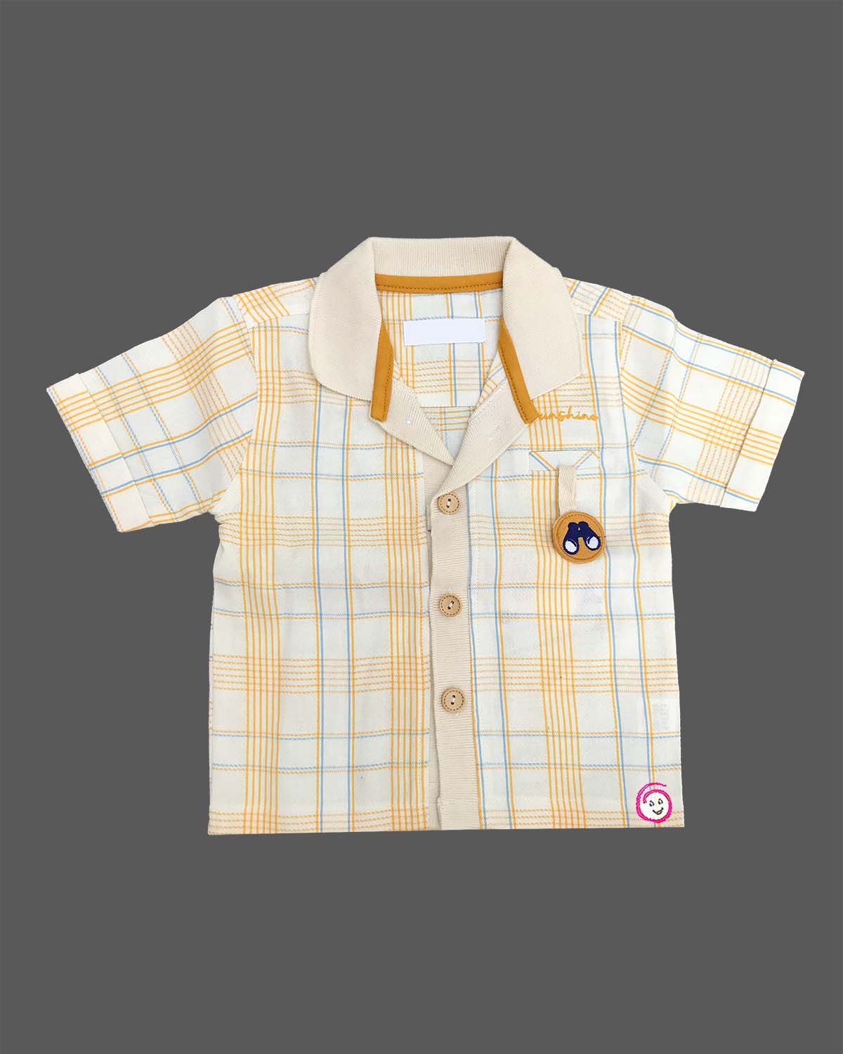 Stylish casual two-piece co-ord set for toddler boys featuring a check-patterned Cuban collar short-sleeve shirt with chest embroidery paired with matching shorts and a rope belt.