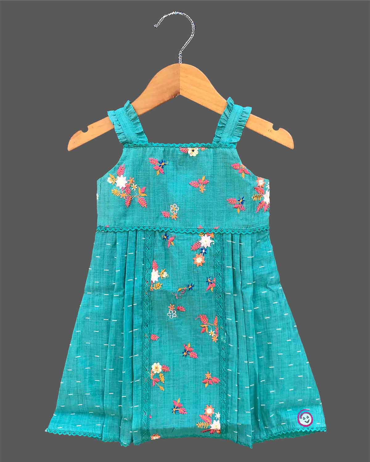 Baby girl embroidered cotton frock with ruffled straps and lace trims for birthday party and festive gathering
