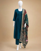 Maternity solid pintuck pleated cotton kurta set with printed paisley dupatta and pants