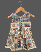 Toddler printed cotton frock with smocked neck and front lace tie ups for casual outing and birthday celebration