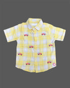 Boys Plaid Embroidered Cotton Shirt & Denim Shorts Set featuring vehicle embroidered motifs, spread collar, and elasticated denim shorts with pockets.