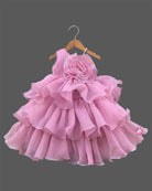 Baby girl light pink organza layered party frock with giant flower detail