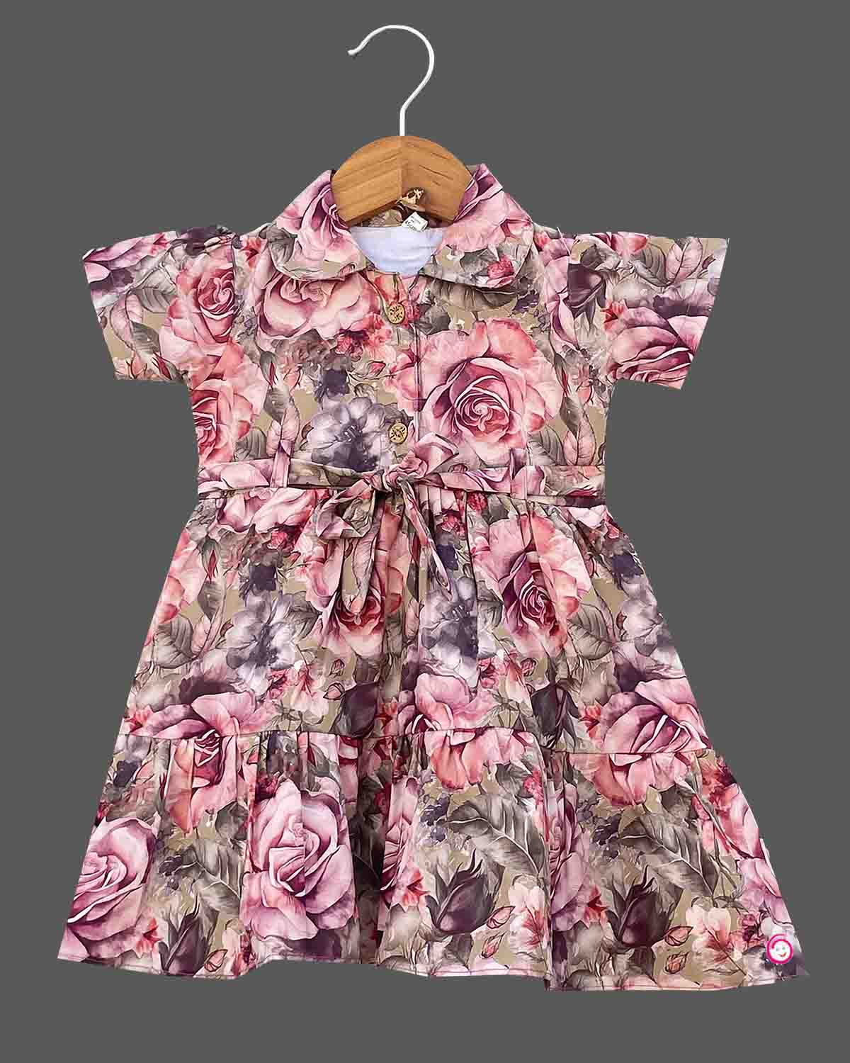 Girls floral printed half sleeve casual frock - Dark Green