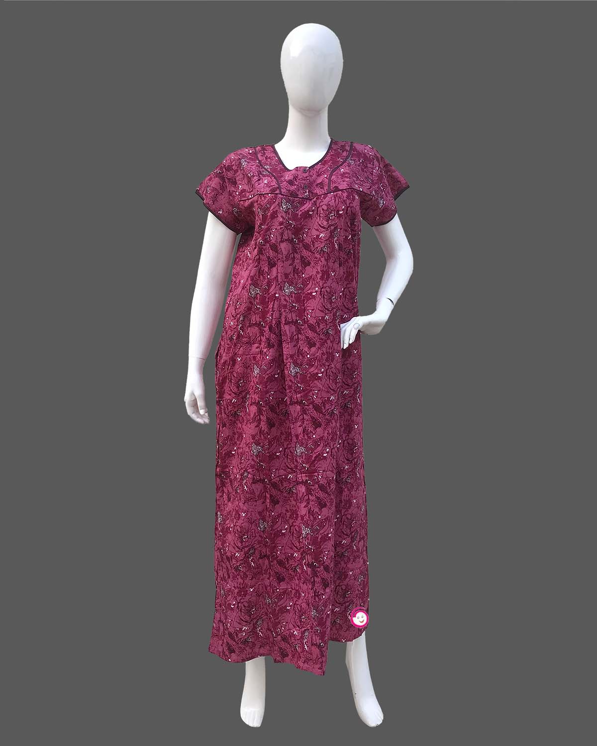 Maternity overall floral printed half sleeve nighty with side zip - Rose Pink