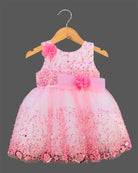 Baby pink sequin floral embroidered net party frock with waist bow for baby girls grand celebrations, temple visits, and family festivals