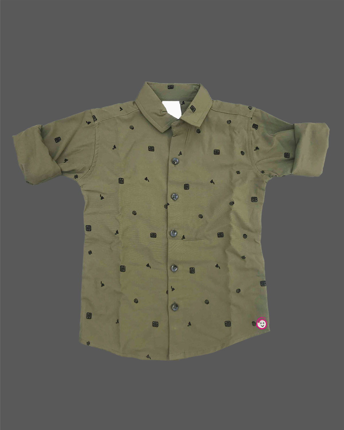 Toddler boys casual button down shirt with micro geometric pattern print and folded sleeve cuffs