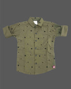 Toddler boys casual button down shirt with micro geometric pattern print and folded sleeve cuffs