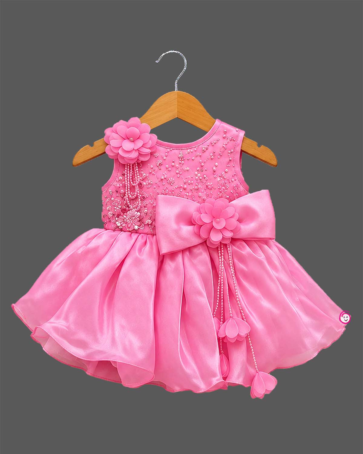 Baby party wear dress with sequined beaded bodice, shoulder flower, waist bow, and organza flare skirt.