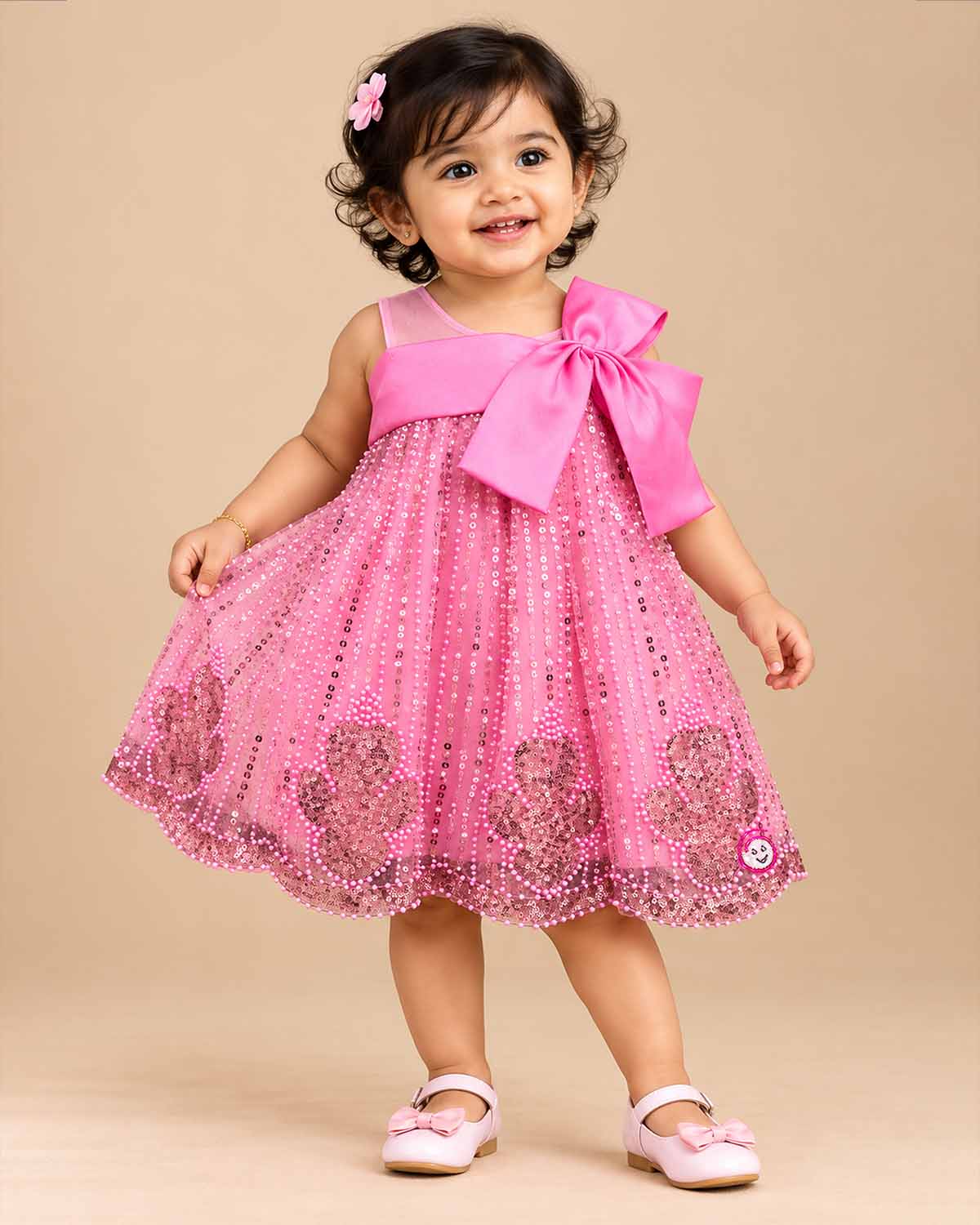 Girls sequin embellished A-line frock with large front satin bow, illusion mesh straps, and pearl beaded trim.