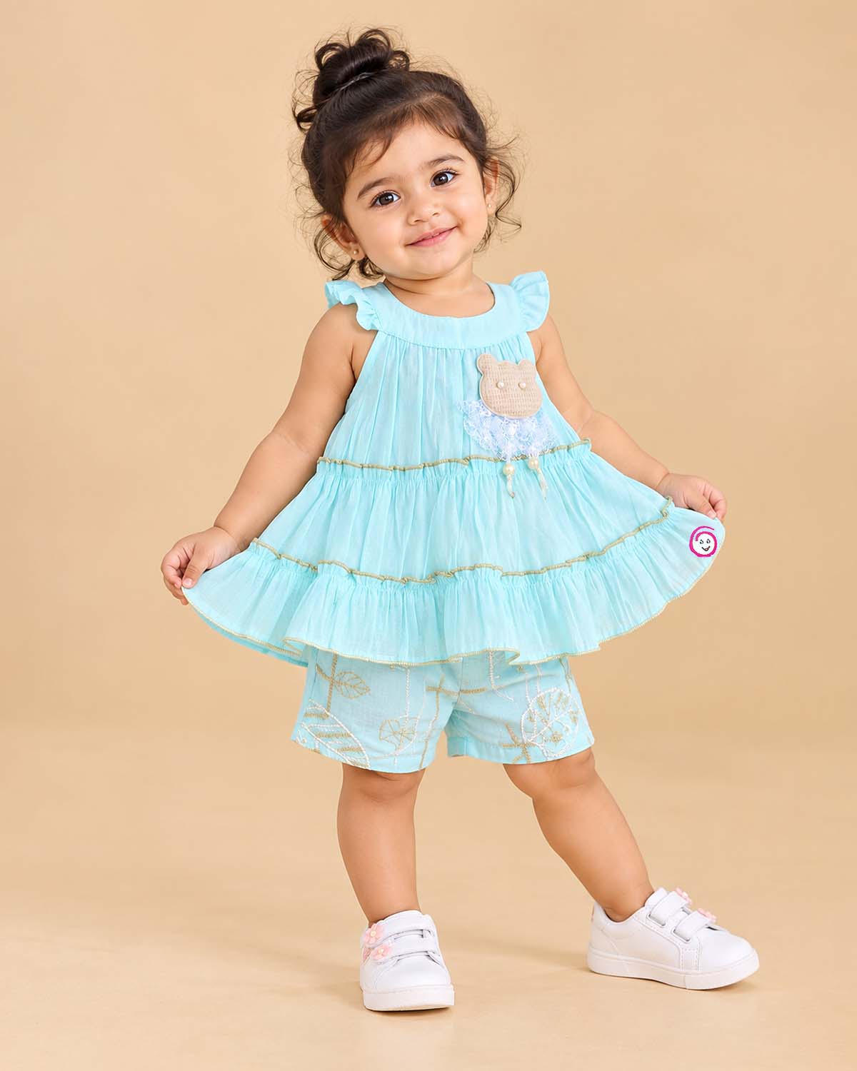 Tiered flared top with applique and foil print shorts baby party wear dress for girls