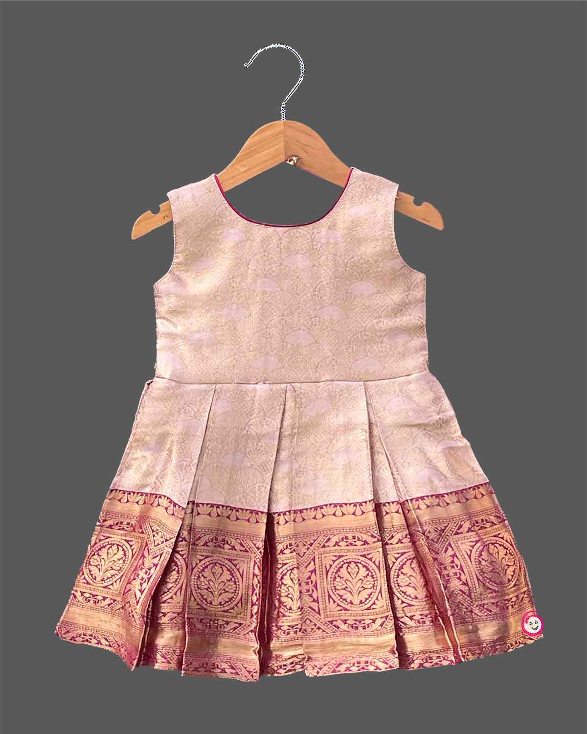 Infant ethnic wear cotton silk frock with pattu pavadai inspired zari border for festivals