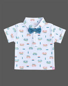 Boys suspender set with vehicle printed collared shirt, bow tie, and light blue suspender shorts
