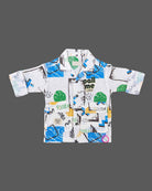 Kids printed shirt and pant featuring utility pockets and button closure designed as kids western wear.