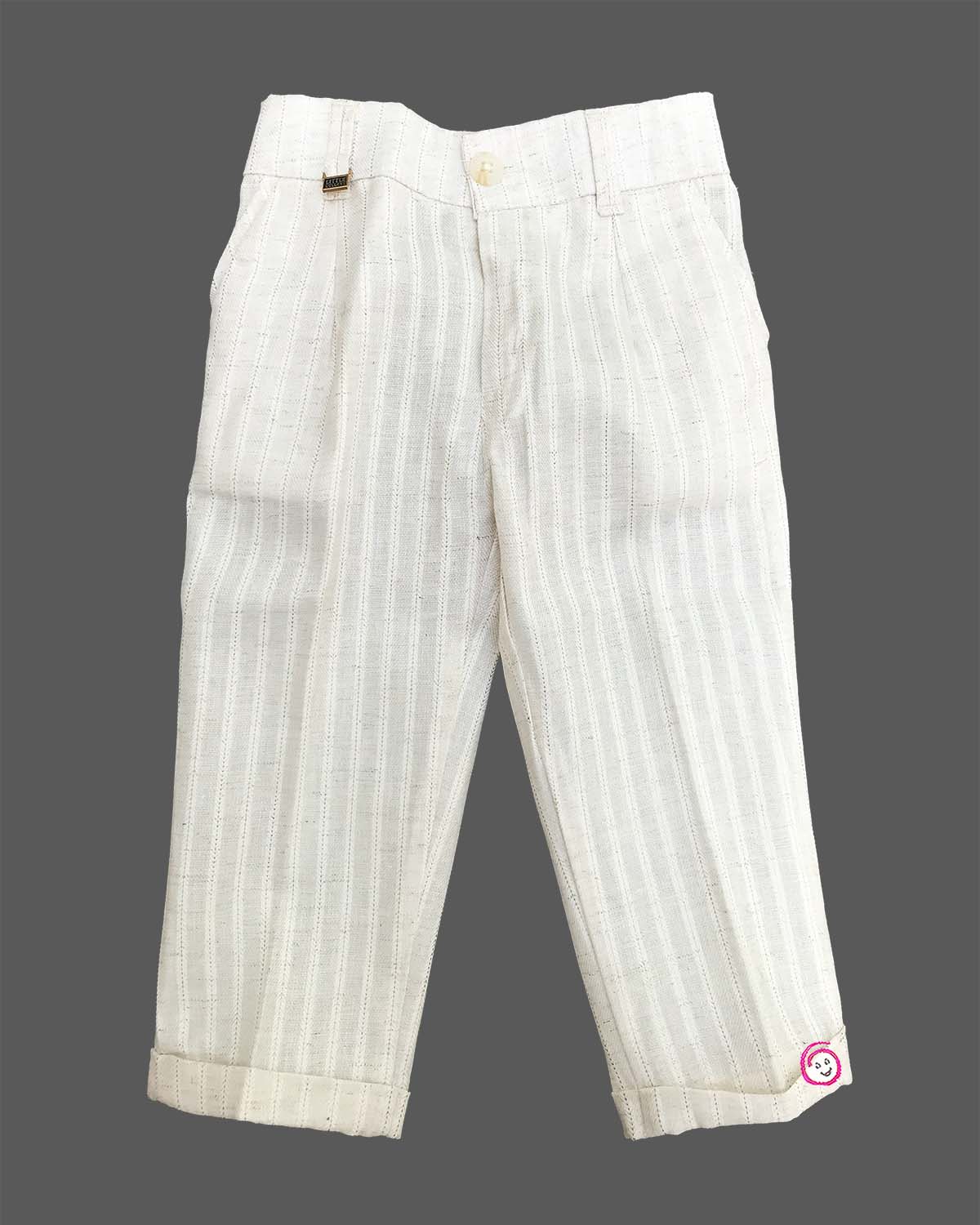 Boys textured linen waistcoat set featuring a collared shirt, matching bowtie, and tailored trousers.