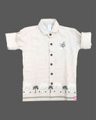 Toddler boys casual button down shirt featuring tropical palm tree border print along the hem