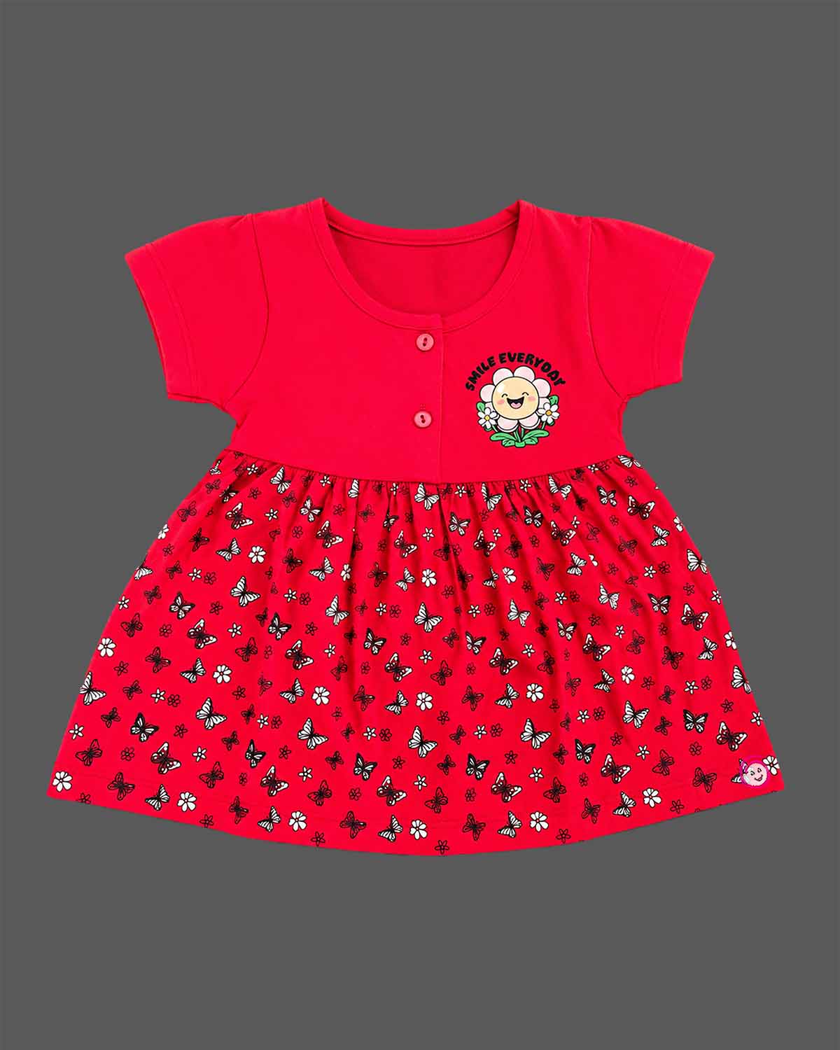 Infants frock with printed flared skirt and button detailing on top for daily casual wear