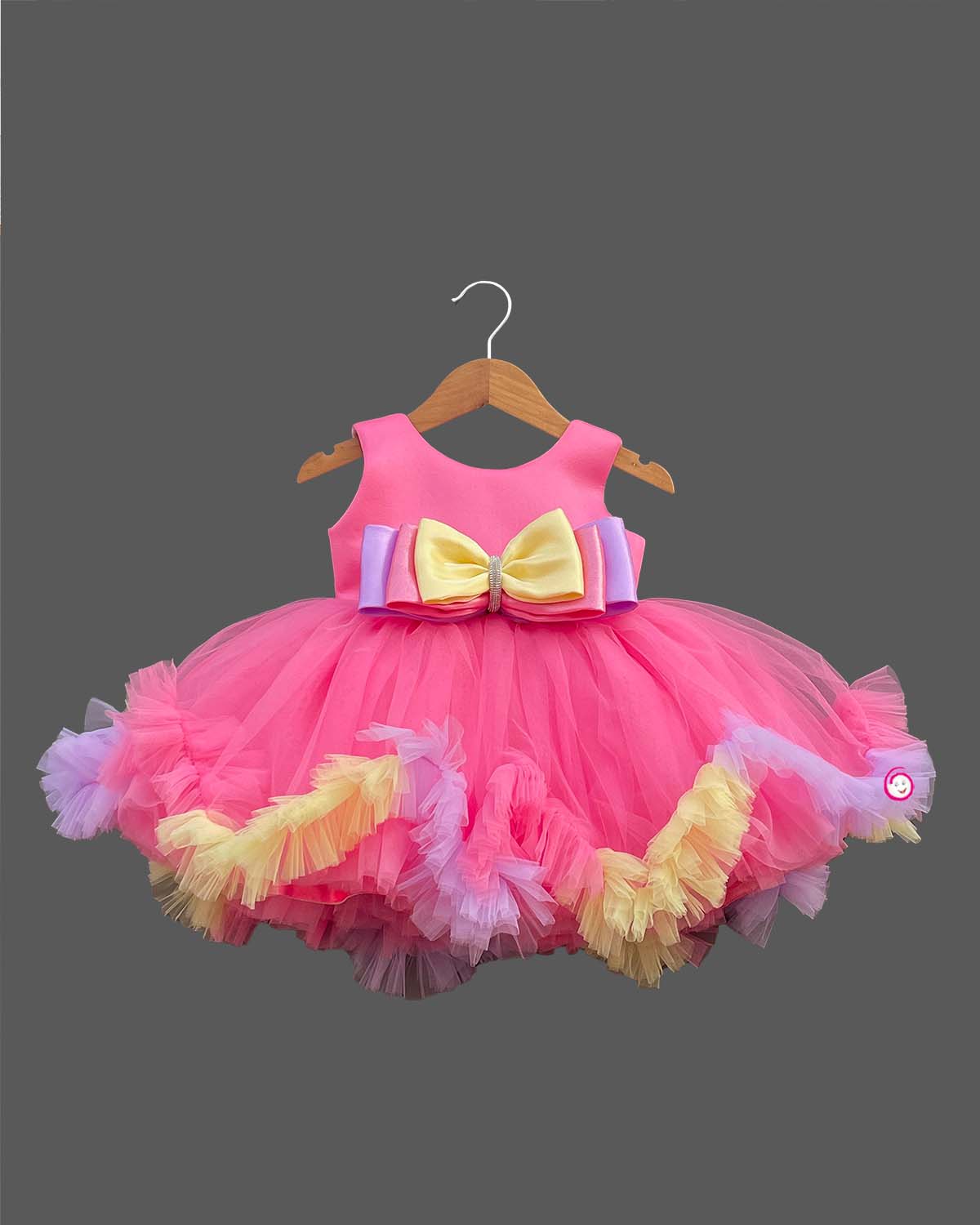 Girls bow applique with ruffled frock - Pink