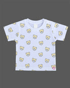 Baby clothes set featuring printed t-shirt and dungaree shorts with bear patch for toddler boys
