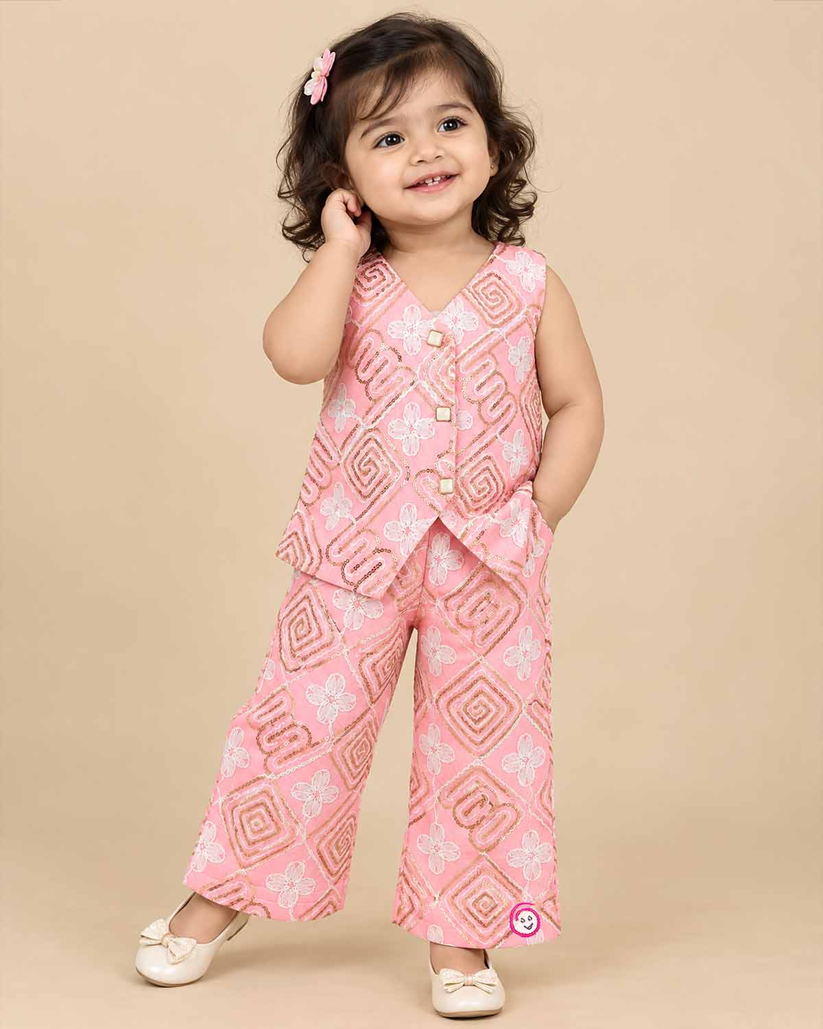 Girls embroidered top and pants set featuring intricate sequin work for festive parties and celebrations.