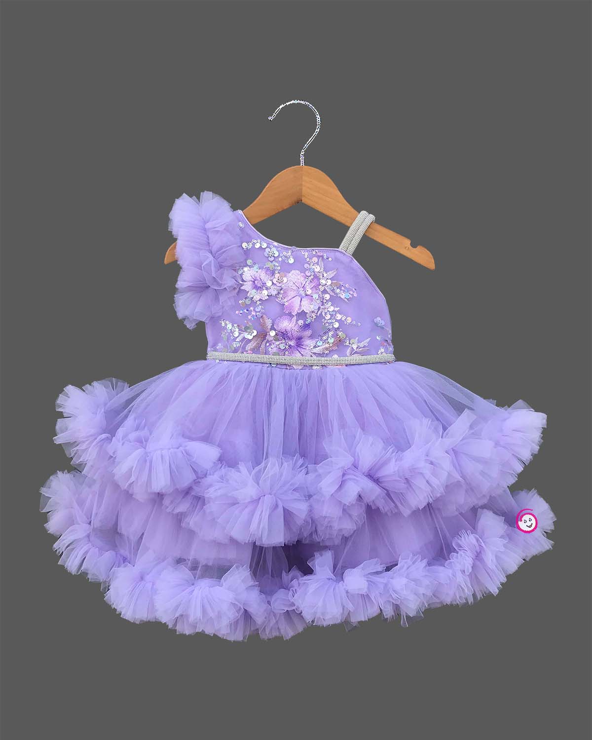 Baby girl designer one shoulder high low tail frock with tiered ruffles