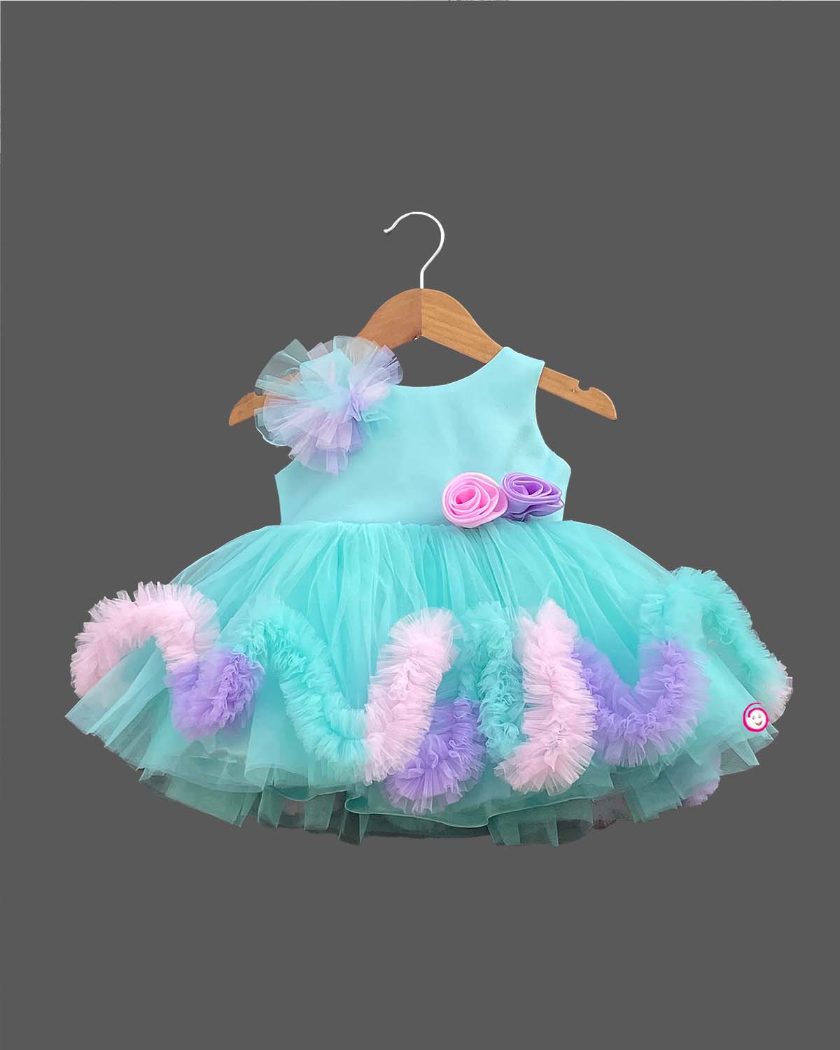 Girls ruffled applique partywear frock - Sky Blue