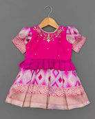 Girls Aari design traditional frock with puff sleeve - Pink