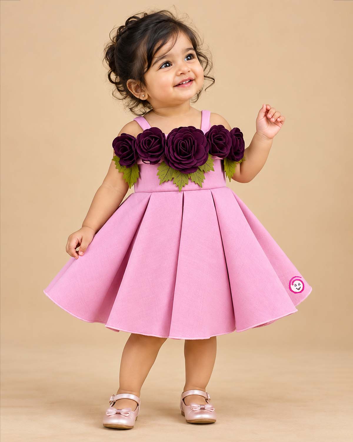Baby party wear dress featuring structured scuba fabric and 3D floral neckline