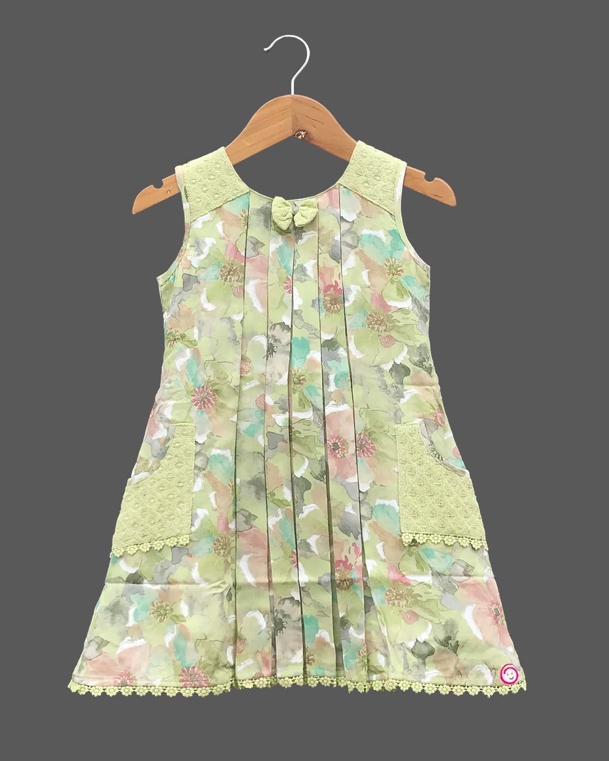 Girls sleeveless flower printed casual frock - Pista Green