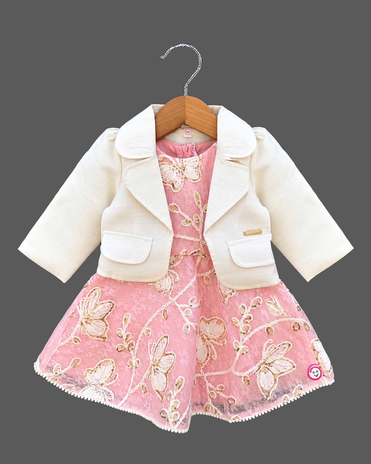 Girls sequin embroidered butterfly lace frock featuring a tailored jacket set for party wear.