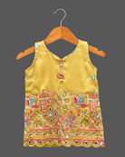 Kids dhoti kurta set for girls with mirror work embroidered sleeveless top and pleated organza dhoti pants