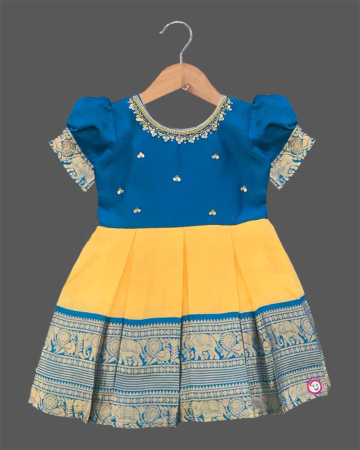Infant silk cotton frock in blue and yellow for naming ceremonies, festivals, temple visits, birthdays, and weddings
