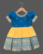 Infant silk cotton frock in blue and yellow for naming ceremonies, festivals, temple visits, birthdays, and weddings