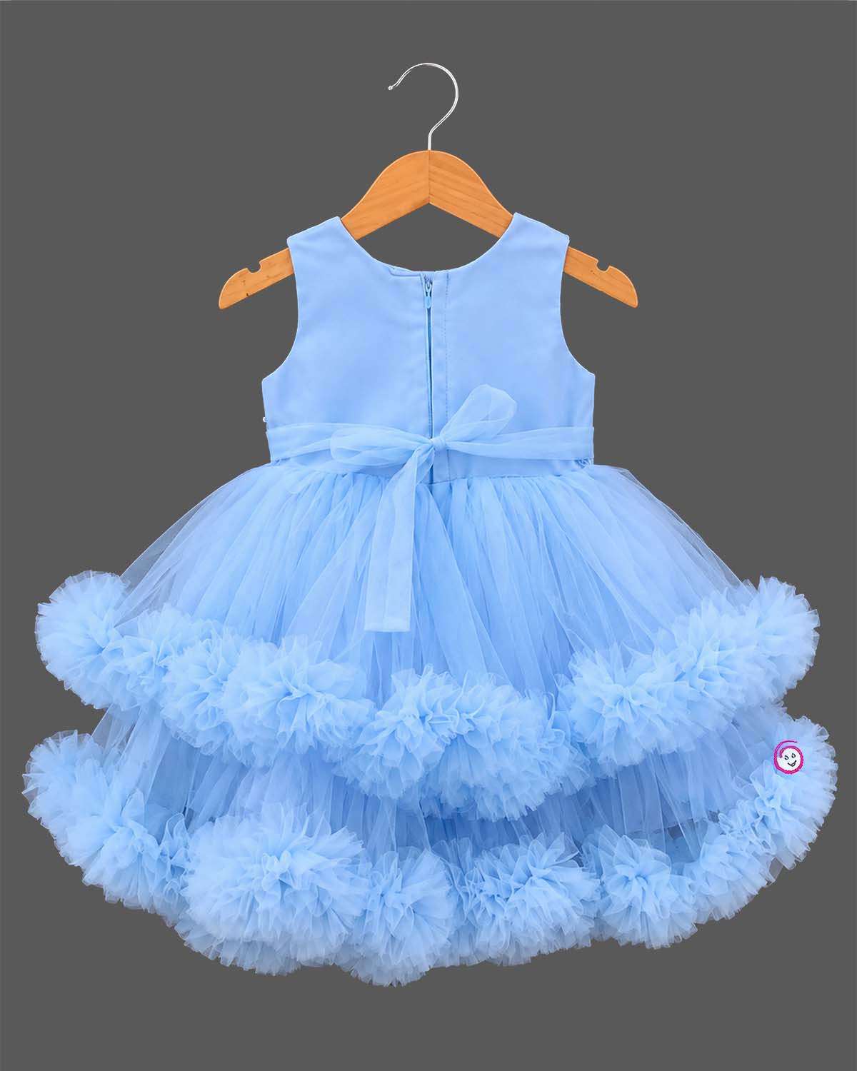 Baby girl net frock with pearl embellishments and ruffled tiered skirt for birthday party