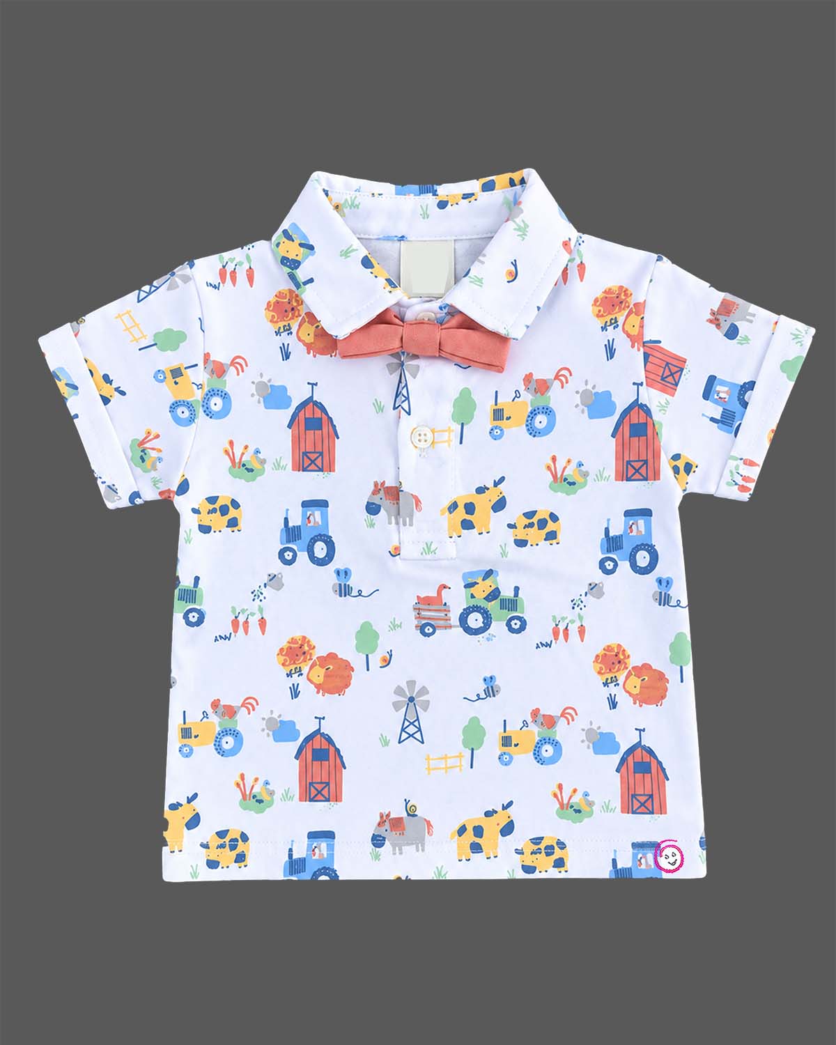 Baby boy farm print collared shirt with bowtie and pink suspender shorts dress for infant